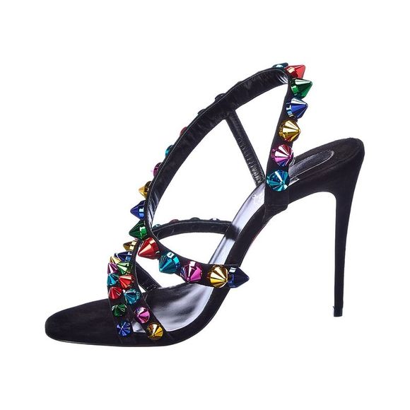 Christian Louboutin Spikita Strap 100 Suede Sandal, Black - Picture 2 of 5
